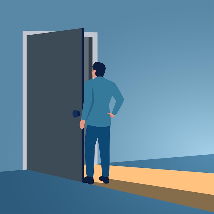 Vector a man opens the door and shines illustration to reveal secrets find strategies and open business tips