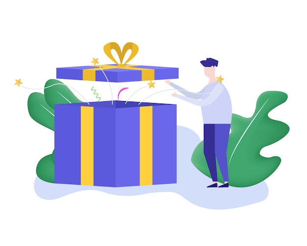 Man opent cadeau doos gelukkig ontwerp vector