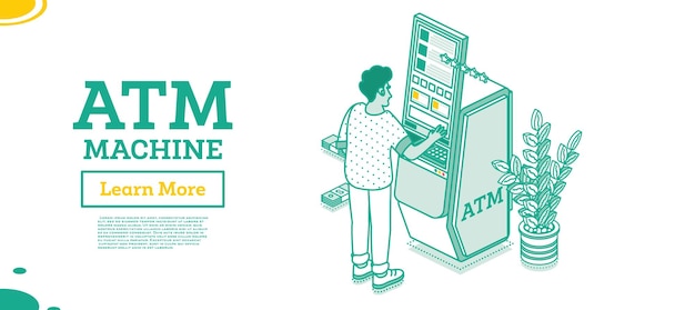 Man opname contant geld in moderne atm-machine geïsoleerd op wit isometrisch bedrijfsconcept