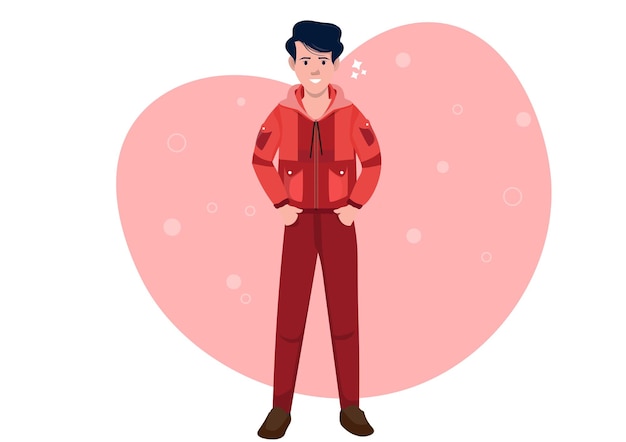 a man in an orange jacket stood with his hands in his pockets wear redbrown pants illustration