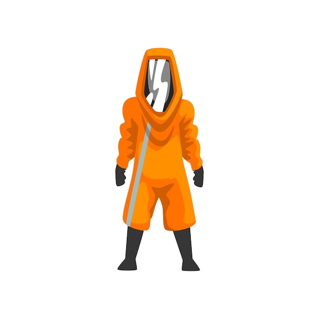 Man in Orange Protective Suit Helmet and Mask Chemical Radioactive Toxic Hazardous Professional Safety Uniform Vector Illustration on White Background