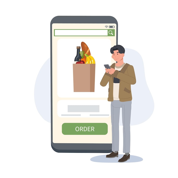 Vector 彼のスマート フォンから食料品を注文する男オンライン配信コンセプト フラット ベクトル漫画キャラ イラスト