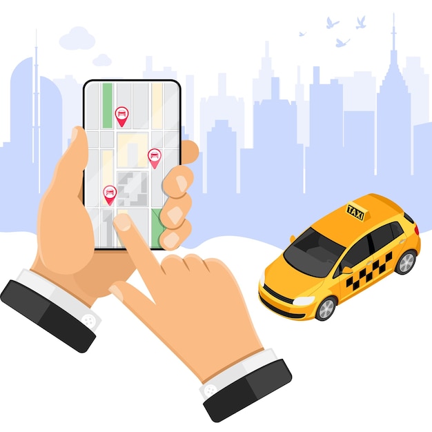Vector man orders taxi from smartphone online taxi 24 hour service concept with people hand car map and route pin isometric icons vector illustration