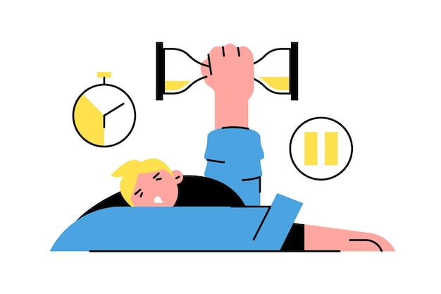 Man organizing and managing time Young man holding hourglass planning time when doing different tasks Process of managing schedule Vector flat illustration in blue and yellow colors