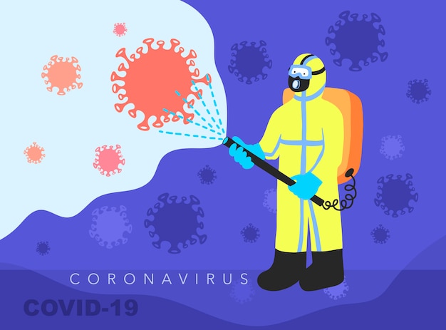 A man in overalls disinfects fight against covid-19, coronavirus 2019-ncov pandemic protection