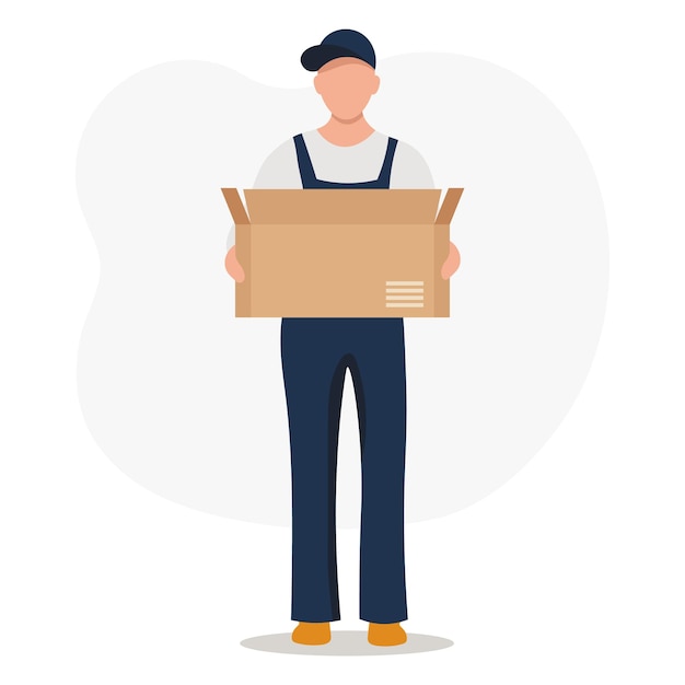 Un uomo in tuta con una scatola. il concetto di trasporto e consegna merci. illustrazione, vettore