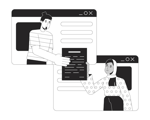 Man overhandigt document aan vrouw bw concept ter plaatse vectorillustratie Freelancers in browservenster 2D cartoon platte lijn monochromatisch karakter voor web UI ontwerp Bewerkbare geïsoleerde schets held afbeelding