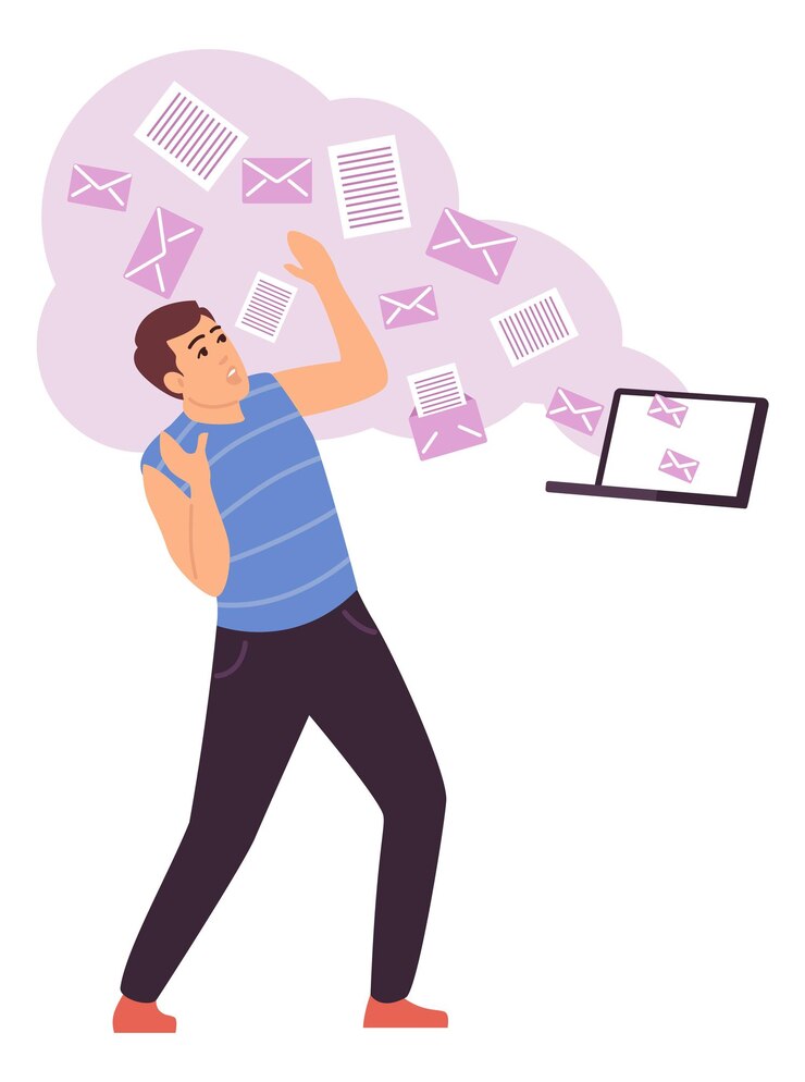 Vector man overwhelm with information stream from laptop sensory overload concept