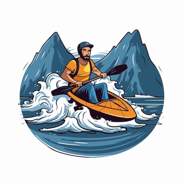 Man paddling on a kayak in the mountains Vector illustration