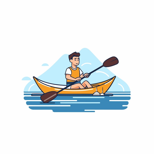 海でカヤックを漕ぐ男性フラットスタイルのベクトルイラスト