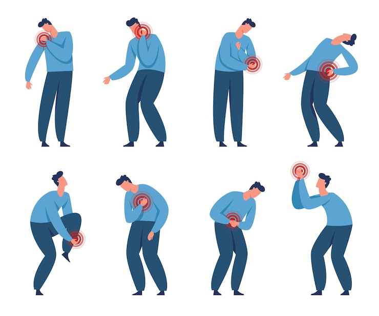 Vector 고통받는 남자, 다양한 신체 통증으로 고통받는 남성 캐릭터. 두통, 가슴 통증, 위경련, 근육이 있는 사람 또는 통증 벡터 세트에 참여합니다. 고통스러운 증상이 있는 건강 문제