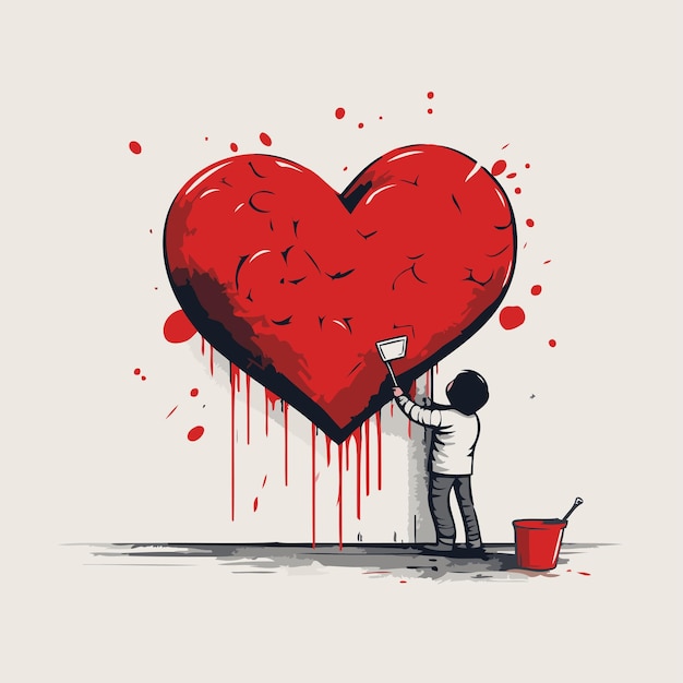 Man painting red heart with paint roller Vector illustration in cartoon style