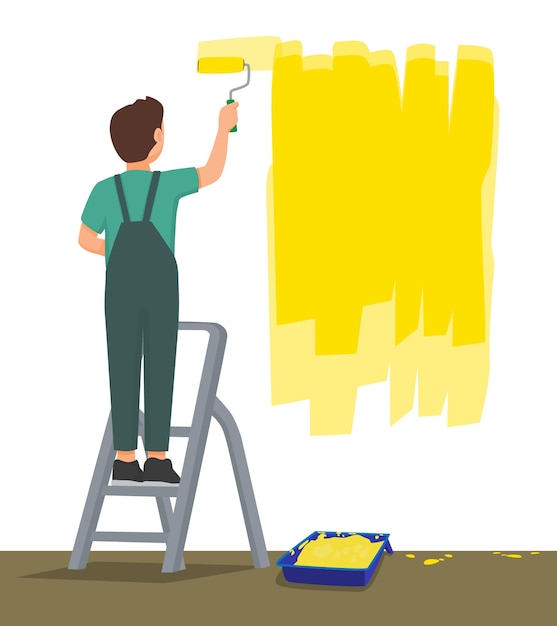man painting a yellow wall with a paint roller