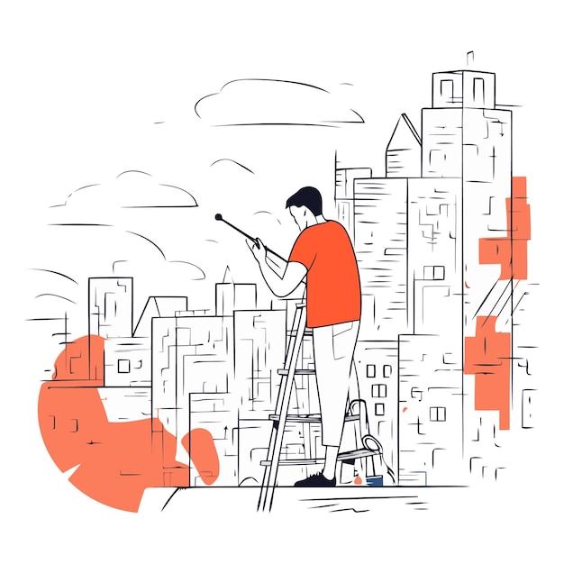 Человек рисует город кистью в стиле линейного искусства