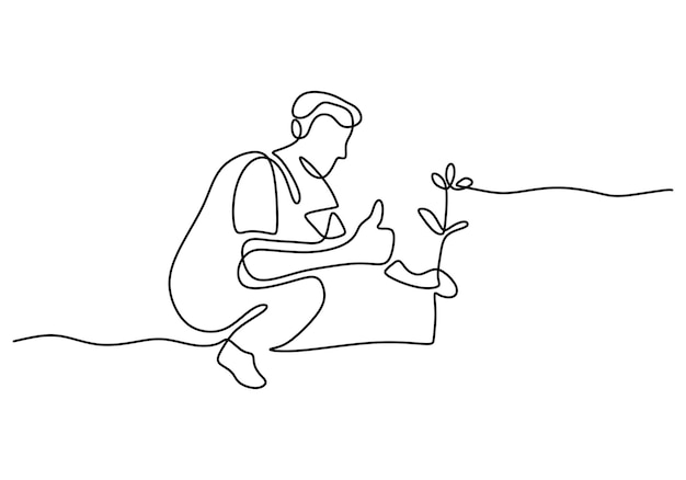 Man panting a plant and growing continuous one line art drawing style