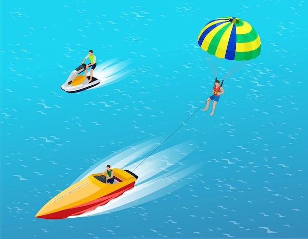 Man parasailen met parachute achter de motorboot. creatief vakantieconcept. watersport. parachute zeilen, plezier in de oceaan, extreme sport op het strand. platte 3d isometrische vectorillustratie