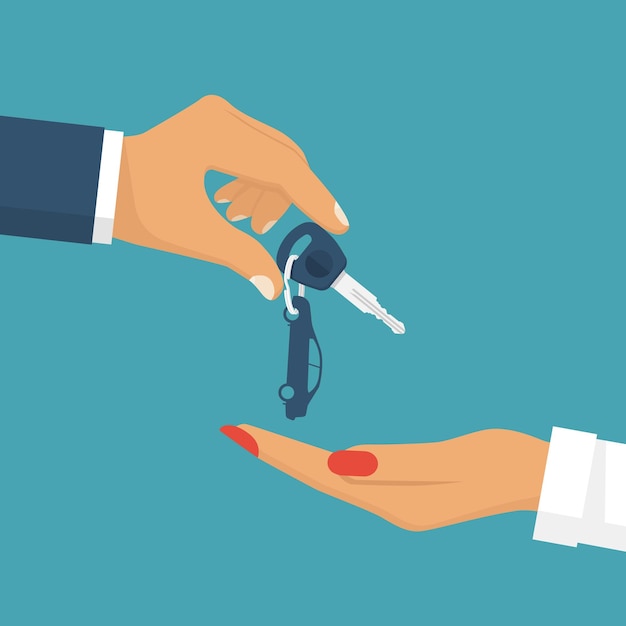 Man pass car keys female Give take the car key Buy rent a vehicle Woman driving Vector illustration flat design Isolated on background