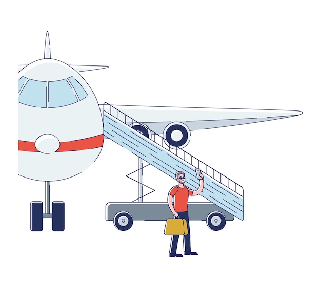 man passenger taking selfie while boarding plane