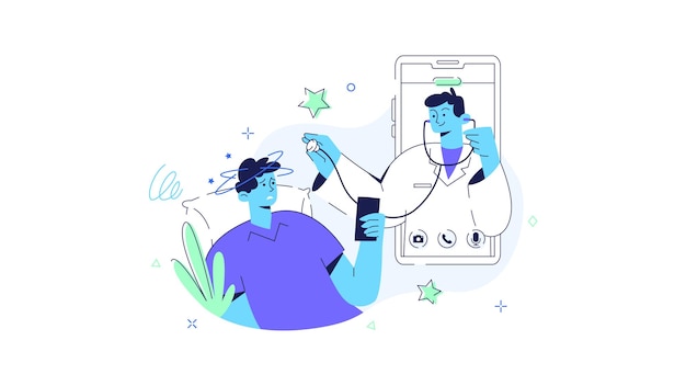 Vector man patient consulting health with a man doctor via online hand drawn flat vector illustration