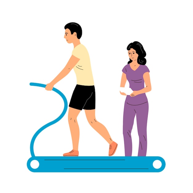 man patient is exercising on a treadmill under the supervision of a trainer doctor