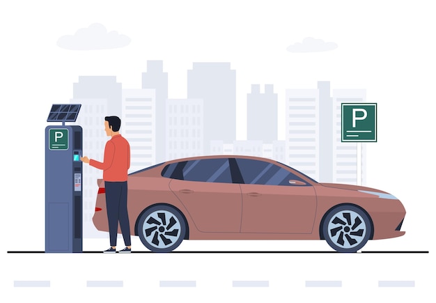 Man paying for parking at parking machine vector illustration