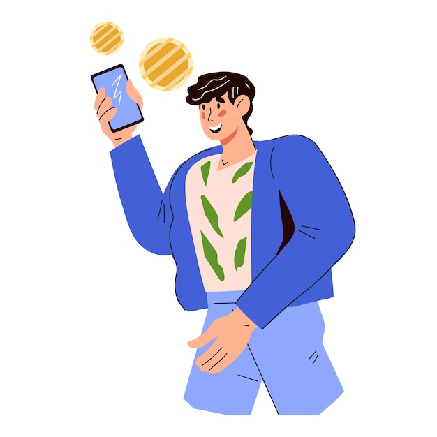 Man pays or transfers money through smartphone app flat cartoon vector isolated