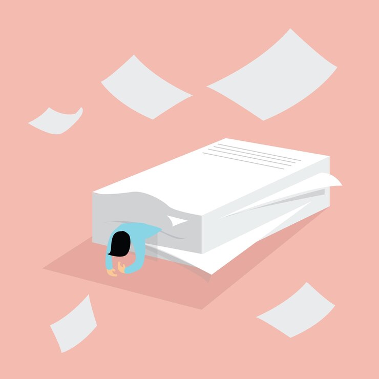 Vector man people hard work tired between pile of paper overwork exhausted