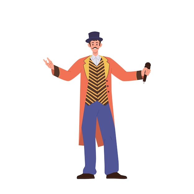 Vector man performer character in festive stage costume announcing next circus number with microphone