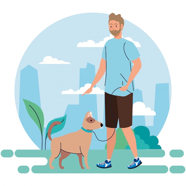 Vector man performing outdoor activities, young man on a walk with a dog