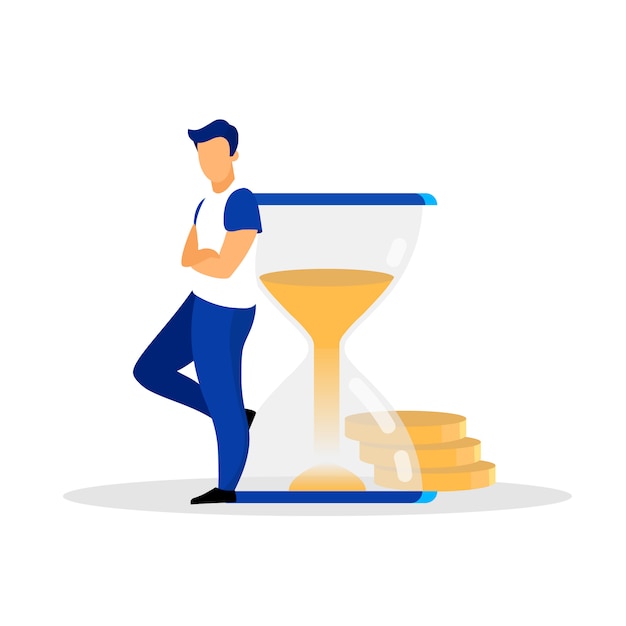 Man, person, human, banker, businessman, male, adult leaning on sandglass flat vector illustration. isolated cartoon character . deadline, timeliness.  effective time management