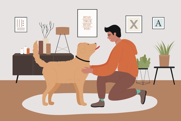 Man pet owner playing with dog friend in cozy home living room interior happy friendship