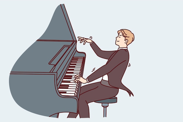 Man pianist masterfully plays classical music while sitting in tuxedo for performances vector image