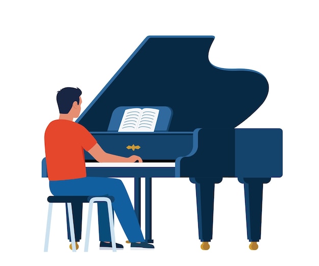 Vector man pianist playing musical composition on grand piano for symphonic orchestra