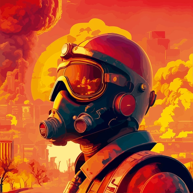 Vector a man in a pilot mask nuke explosion city in the background illustration