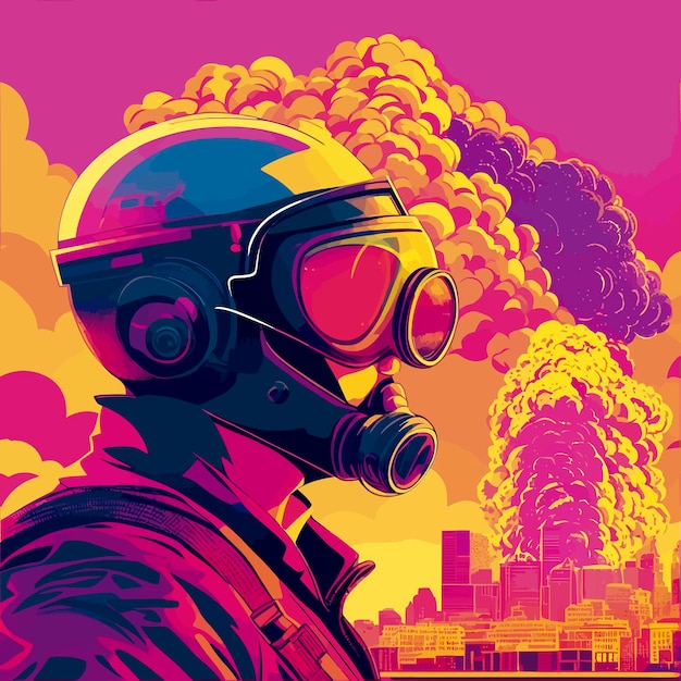 Человек в пилотской маске ядерный взрыв города на фоне иллюстрации