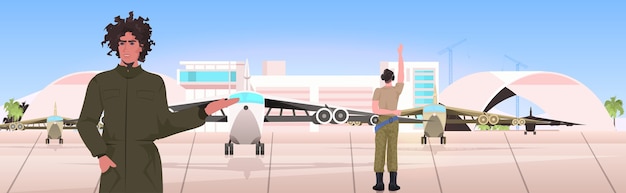 Vettore uomo pilota in uniforme che punta al terminale dell'aeroporto aereo concetto di aviazione ritratto orizzontale