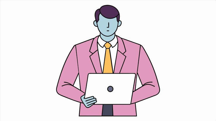 Vector a man in a pink suit is holding a laptop and a white logo