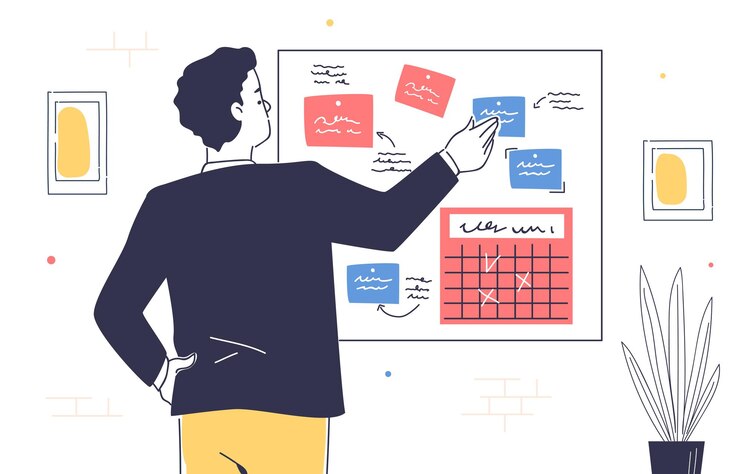 Vector man planning doodle concept worker and employee near whiteboard sticky notes and to do list planning