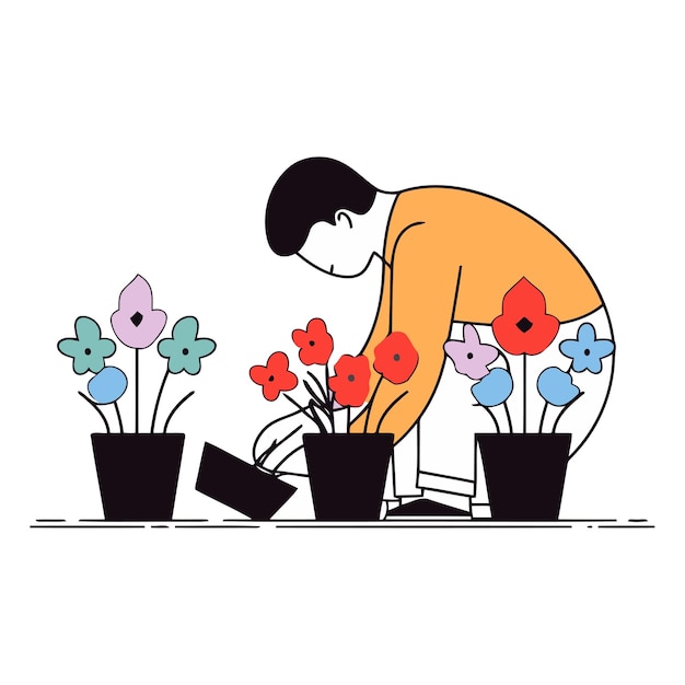 Вектор Человек сажает цветы в горшки концепция садоводства