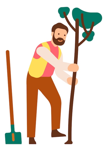 Vector man planting tree. volunteer cultivate green environment. vector illustration