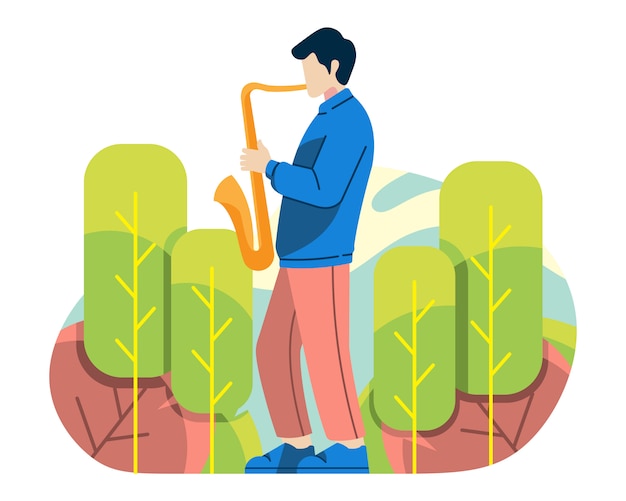 Man play saxophone in nature vector illustration