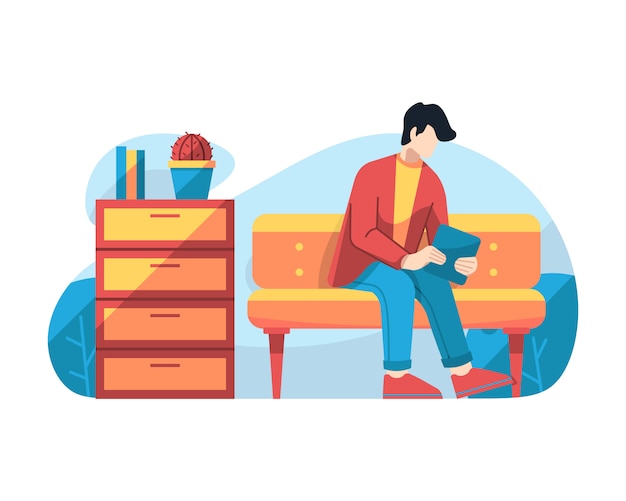 Man play tablet in waiting room vector illustration