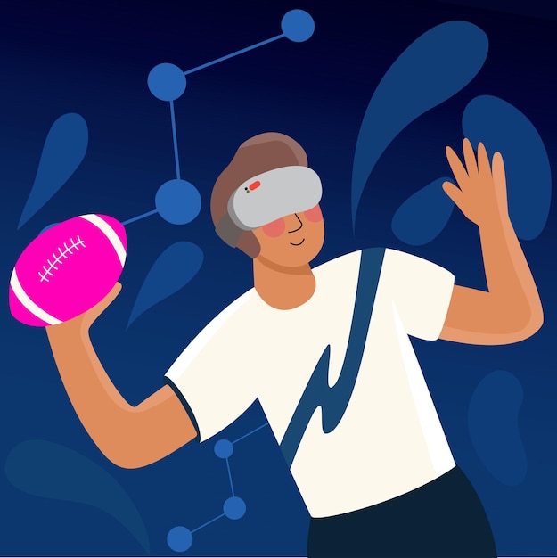 VR ヘッドセットでアメリカン フットボールをしている男ベクトル手描き仮想スポーツ イラスト