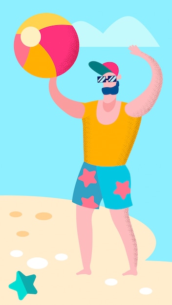 Vector man playing beach volleyball flat illustration