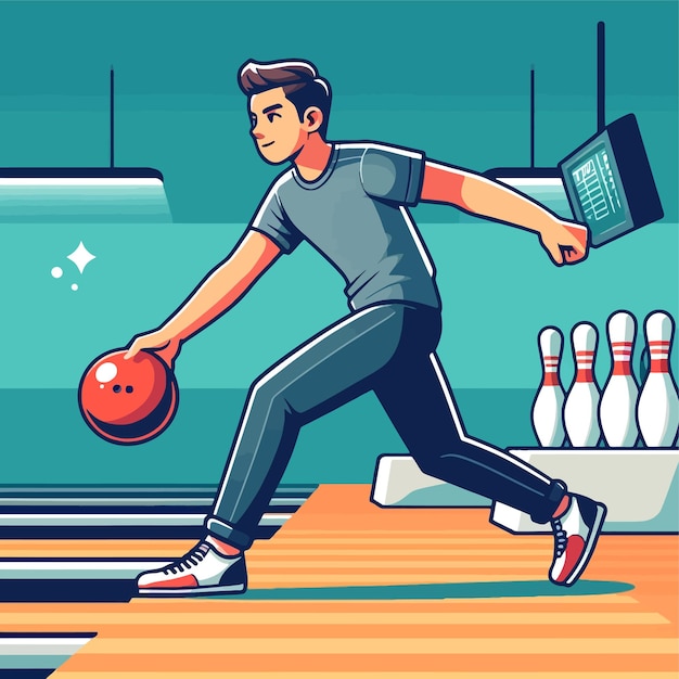 Vettore uomo che gioca a bowling in un'illustrazione di design piatto