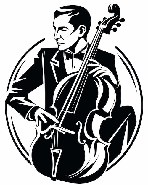 A man playing cello with a black and white illustration.