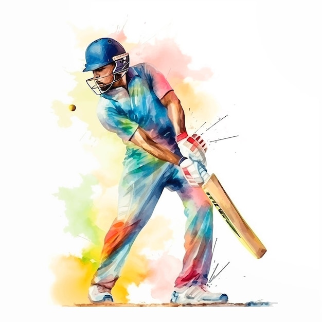 A man playing Cricket watercolor paint