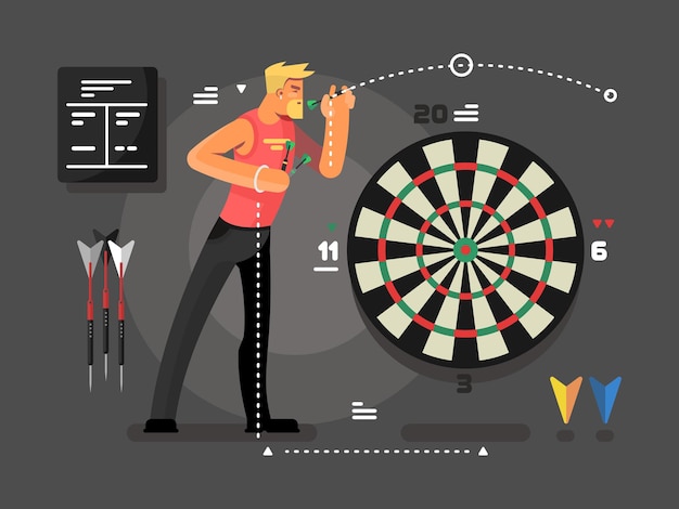 Vector man playing darts. sport and target, dartboard and aim goal vector illustration