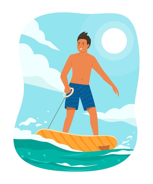 여름 시즌에 바다에서 전기 서핑 보드를 재생하는 남자