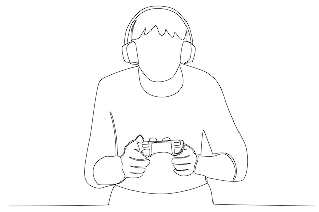 A young man with headset looking at monitor computer. Continuous one line  drawing of a gamer playing games with computer monitor, headphone, mouse,  and keyboard. Sparring game online concept 2099823 Vector Art